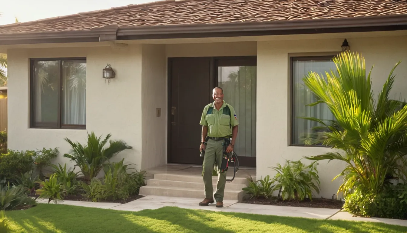 A friendly pest control provider talking with a homeowner at the front door of a single-story home in Winter Garden