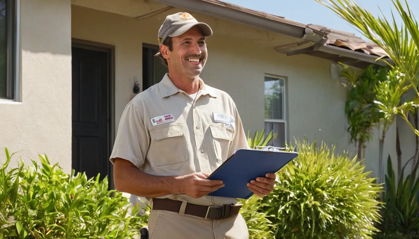 Friendly pest control provider talking with a homeowner at the front door of a single-story home in the Winter Garden area